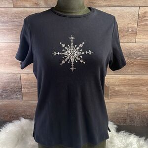 Coral Bay Ladies Black Snowflake Top, Size Medium Petite, Black